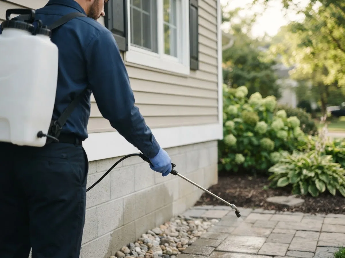 Pest control technician inspecting a home in Neal, KS